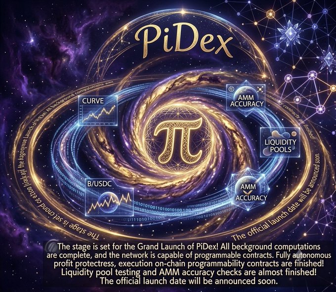 A cosmic-themed promotional graphic for PiDex features a swirling galaxy with the pi (π) symbol at its center, surrounded by feature labels including "CURVE," "AMM ACCURACY" (appearing twice), "LIQUIDITY POOLS," and "B/USDC." The caption at the bottom announces the grand launch preparations—completed backend compliance, smart contract readiness, finalized liquidity pool testing, and AMM accuracy checks—with the official launch date yet to be announced, visually reinforcing the post's message of imminent debut.
