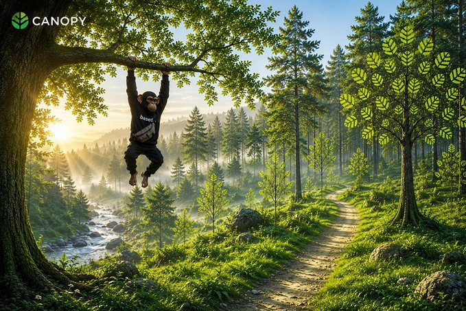 An illustration featuring a chimpanzee wearing a 'CANOPY' branded hoodie hanging from a tree branch, overlooking a lush forest path with a stream, with the 'CANOPY' logo in the top left.