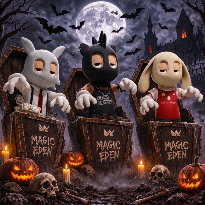 A Halloween-themed digital artwork featuring three cartoon mascots in coffins labeled 'MAGIC EDEN', representing Bitcoin, Zillion Street, and Ethereum, surrounded by pumpkins, skulls, bats, and a full moon.