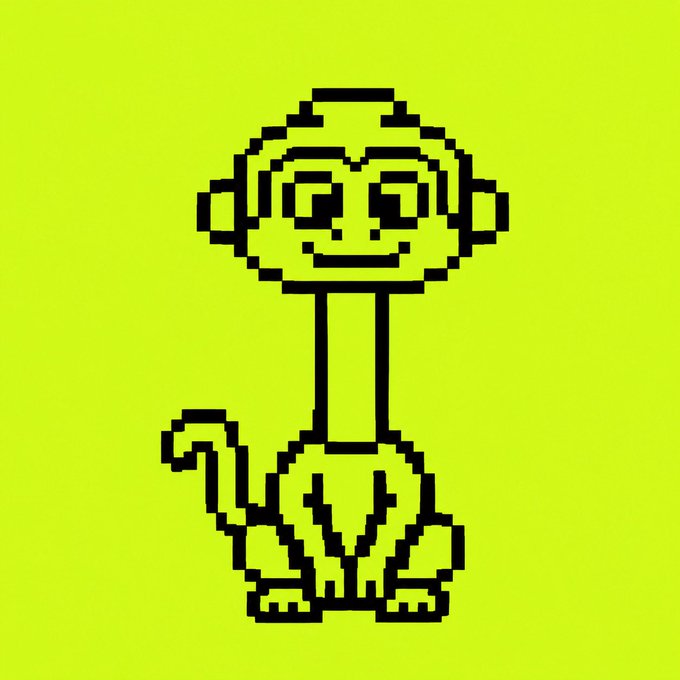 A pixel art illustration on a bright yellow background depicts a simple, smiling monkey with a long neck, sitting with its tail curled behind it.