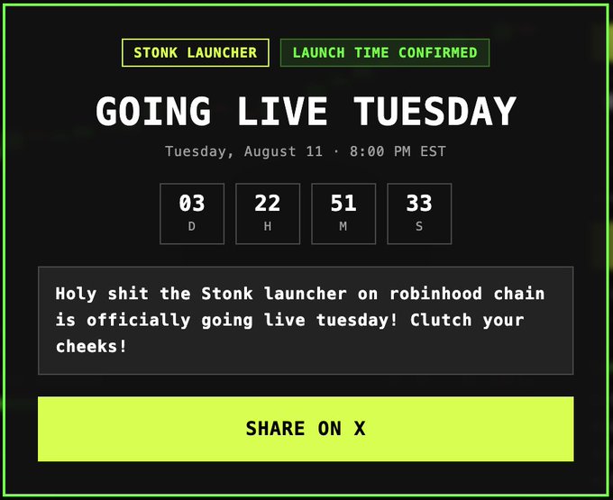 The image shows a launch announcement for "Stonk Launcher" on the Robinhood Chain, featuring a countdown timer to Tuesday, August 11 at 8:00 PM EST (currently showing 03 days, 22 hours, 51 minutes, 33 seconds remaining), with the message "Holy shit the Stonk launcher on robinhood chain is officially going live tuesday! Clutch your cheeks!" and a "SHARE ON X" button. The graphic visually reinforces the post's announcement of the upcoming Stonk Launcher launch and its recurring launch events tied to $STONKBROKER.