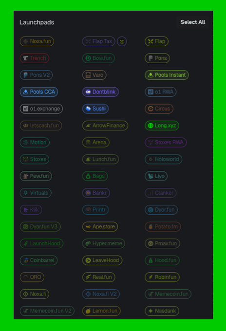 Screenshot titled 'Launchpads' listing numerous crypto token launch platforms in a grid, including Noxa.fun, FlapTax, Trench, Pons V2, Sushi, Bags, Klk, Ape.store, LaunchHood, and Noxa.fi V2, with a 'Select All' button in the top right.