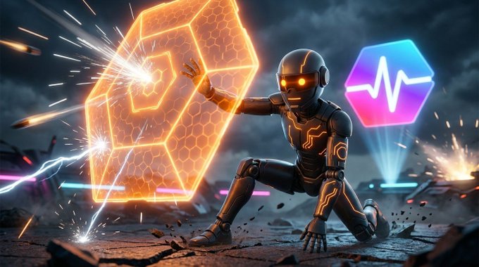 A sci-fi digital artwork of a robot in an action pose with glowing orange circuitry, blocking an energy attack in front of a hexagonal shield, with a heartbeat/waveform symbol floating nearby.