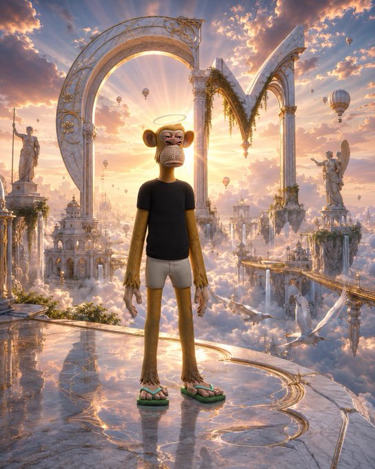A monkey-headed figure wearing a black t-shirt, white shorts, and green flip-flops stands on a reflective surface against a heavenly backdrop with a glowing halo, marble arches, floating statues, and hot air balloons.