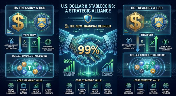 An infographic titled 'U.S. DOLLAR & STABLECOINS: A STRATEGIC ALLIANCE' showing a handshake between the US Treasury and USD, highlighting '99% USD-PEG DOMINANCE' and listing strategic values like global dollar dominance and efficient global payments.