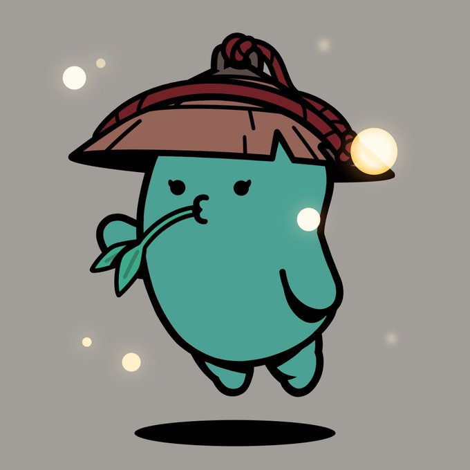 A cute cartoon illustration of a teal ghost-like character wearing a traditional straw hat, holding a small green leaf in its mouth and floating against a gray background with glowing orbs.