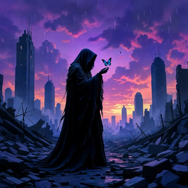 The image features a man dressed in black, standing in front of a cityscape with buildings that appear to be in ruins or destroyed. The man has his hand outstretched towards a butterfly, which is flying near him. The scene suggests an atmosphere of darkness and destruction, as if the city itself is crumbling under some unseen force. The image also contains text elements such as "The Last Sanctuary" and "@ELSEWHEREis in the Top 5 on @objktcom".