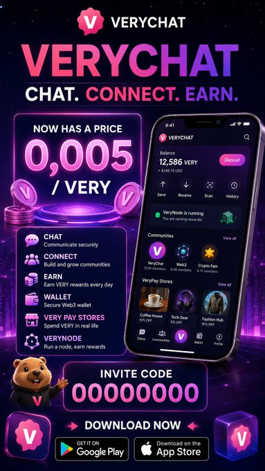 An advertisement for VeryChat, a chat and earn app, displaying the price '0,005 / VERY' and showing features like Chat, Connect, Earn, Wallet, VeryPay Stores, and VeryNode, with an invite code of 00000000.