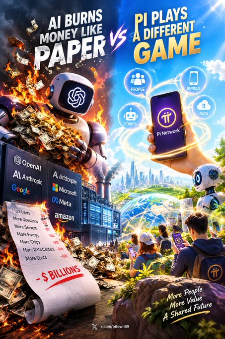 A promotional graphic comparing AI burning money (showing logos of OpenAI, Anthropic, Google, Microsoft, Meta, Amazon) versus Pi Network playing a different game focused on people, devices, robots, and data.
