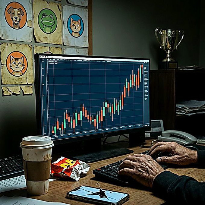 An AI-generated image of a trader's desk with a monitor showing a bullish crypto/stock candlestick chart, accompanied by a coffee cup, a broken phone, and cat/dog drawings pinned to the wall.