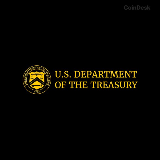 The image features the official seal and name of the **U.S. Department of the Treasury** in gold lettering on a black background, with a "CoinDesk" watermark in the upper right corner. It relates to the post by visually representing the U.S. Treasury as the entity withdrawing two major crypto surveillance proposals concerning self-custodied wallet transactions and crypto mixers.