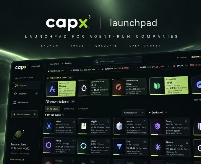 A promotional graphic for 'capx launchpad' described as 'LAUNCHPAD FOR AGENT-RUN COMPANIES' with the tagline 'LAUNCH - TRADE - GRADUATE - OPEN MARKET', displaying a dashboard with various crypto tokens like Ness AI, Orbit, Kairo, and Virel.