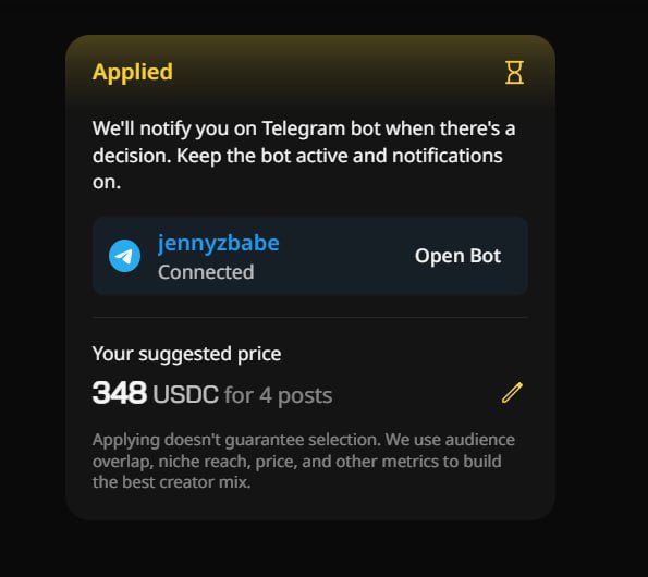 A confirmation screen showing an "Applied" status for a Wallchain campaign, with a Telegram bot notification set up for "jennyzbabe" and a suggested price of 348 USDC for 4 posts. The camel-clicks-effect Telegram-style notification card displays the creator's connected bot and editing options for the proposed compensation.