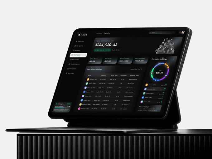 A tablet displaying a cryptocurrency portfolio dashboard called 'AXION', showing a total portfolio balance of $284,920.42 with a holdings breakdown chart.