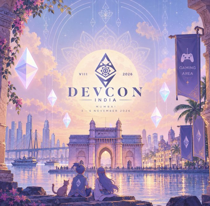 A promotional poster for "DEVCON INDIA" in "MUMBAI" from "5 - 6 NOVEMBER 2026," featuring anime-style characters looking toward the Gateway of India monument under a sky with Ethereum logos.