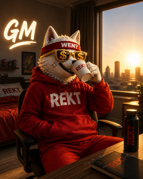An AI-generated image of an anthropomorphic white wolf wearing a red hoodie that says 'REKT' and a 'WEN?' headband with dollar sign sunglasses, drinking from a 'REKT' mug in a room with a neon 'GM' sign.