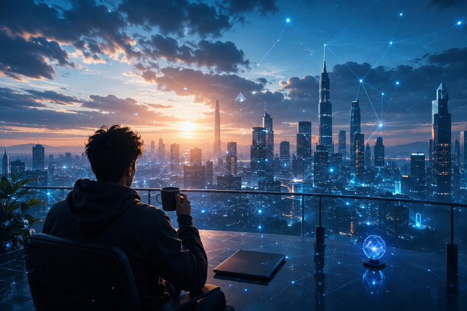 An atmospheric illustration of a person sitting on a balcony with a mug, looking out over a futuristic cityscape with skyscrapers and glowing blockchain network nodes at sunset.