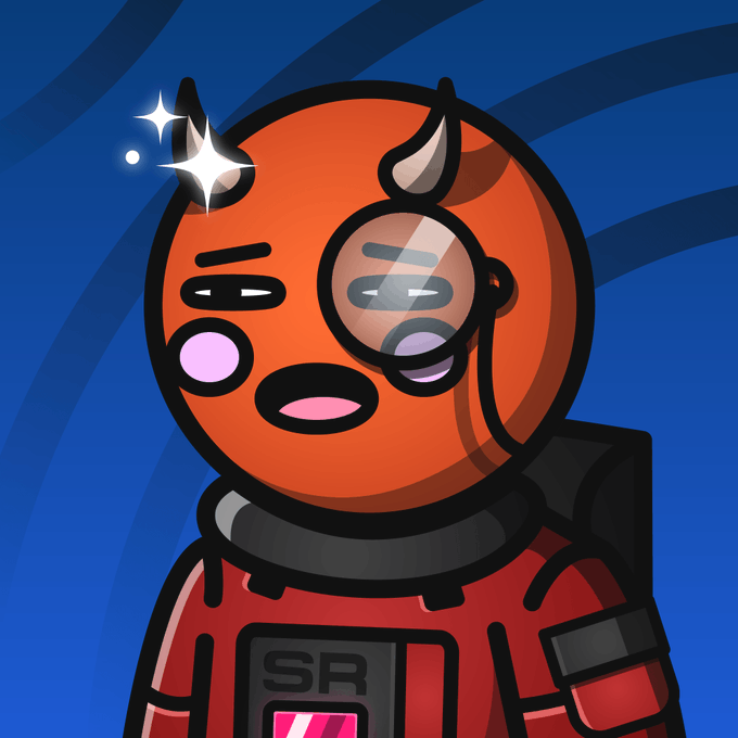 A red and orange cartoon character is standing against a blue background, wearing space-themed clothing such as an astronaut suit with a helmet and goggles. The character has long horns that give them a unique appearance. In addition to these details, there's some text in the image that reads "Space Riders #6849 just sold for 0.042", indicating the item's price or possibly its release date.