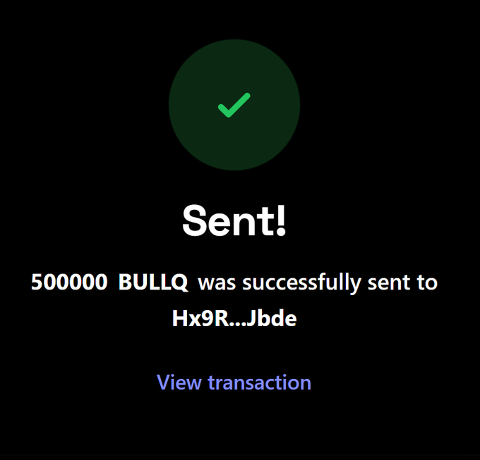 A confirmation screen displays "Sent! 500000 BULLQ was successfully sent to Hx9R...Jbde" with a green checkmark, suggesting the @BullQueenX $BULLQ airdrop has been distributed, though the abbreviated wallet address and lack of verification details raise concerns about the legitimacy of this giveaway.