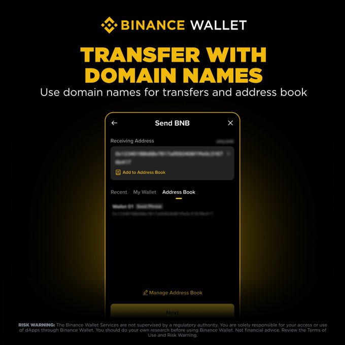 A Binance Wallet promotional graphic showcasing a new feature that enables cryptocurrency transfers using domain names instead of long wallet addresses. The image displays a mobile screenshot of the "Send BNB" interface with tabs for "My Wallet" and "Address Book," highlighting the "Add to Address Book" function that allows users to save and manage domain-based recipients.