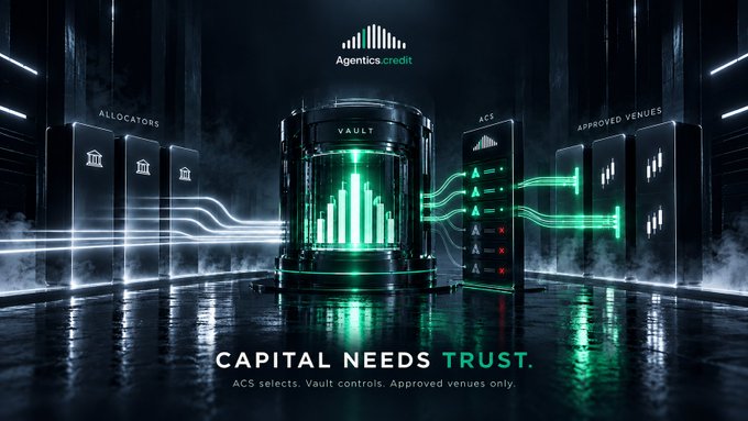 A tech-themed graphic for 'Agentics Credit' showing glowing vaults and data streams with the text 'CAPITAL NEEDS TRUST. ACS selects. Vault controls. Approved venues only.'