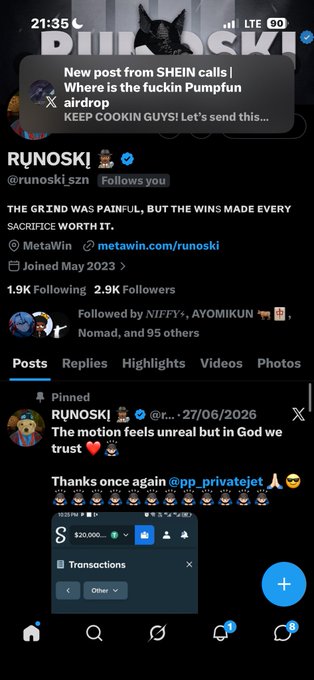 A social media profile page for RUNOSKI (@runoski.szn) showing a notification from SHEIN, with posts mentioning 'The grind was painful' and 'The motion feels unreal', with 1.9K following and 2.9K followers.
