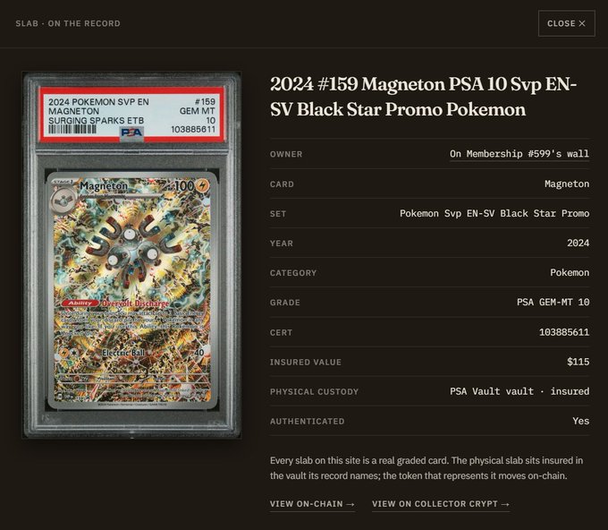 A digital record for a 2024 Pokemon SVP EN-SV Black Star Promo Magneton PSA 10 trading card with an insured value of $115.