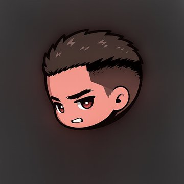 A cartoon avatar of a character with short dark hair, red eyes, and an angry expression on a dark background.