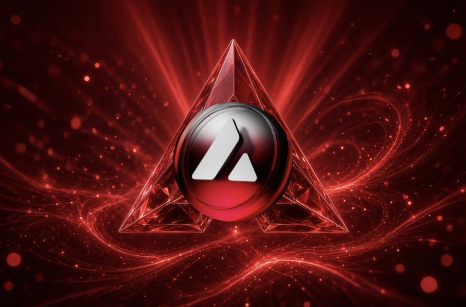A glowing red triangular emblem of the Avalanche (AVAX) cryptocurrency logo radiates energy against a dark, swirling background of light particles, symbolizing the network's powerful and often overlooked momentum. The dramatic visual underscores the post's message that AVAX is quietly powering a financial revolution—with record transactions and surging real-world asset adoption happening beneath the surface of mainstream attention.