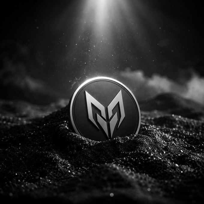 A dramatic black-and-white image of a metallic emblem or coin bearing a stylized 'M' logo, half-buried in dark, glittering terrain and illuminated by a beam of light from above.