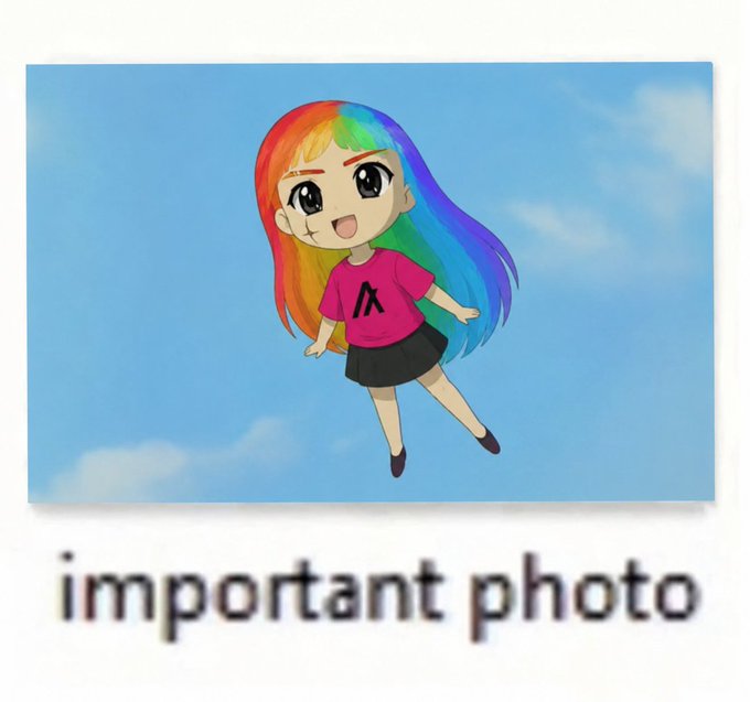 ikebana artist's illustration of a girl with rainbow hair, wearing a pink shirt and black skirt, flying through the sky against a blue background.