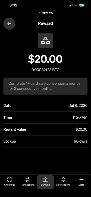 The image shows a reward screen from Square's Bitcoin app displaying a $20.00 BTC reward (0.00032123 BTC) for completing three consecutive months of card sale conversions, dated July 8, 2026, with a 90-day lockup period. This visually confirms the promotional Bitcoin reward the poster received from Square for processing card transactions through their service.