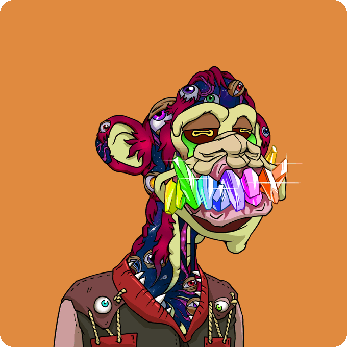 A stylized cartoon ape with green skin and bulging multicolored eyes sports rainbow-colored crystal teeth against an orange background, wearing a red and black outfit. The image serves as the "Mutant #19457" NFT from the "Return to Monke" collection, which was purchased for 2.36 WETH.
