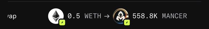 Dark interface showing a crypto token swap of 0.5 WETH (Ethereum) for 558.8K Mancer tokens, with ETH and Mancer logos displayed.