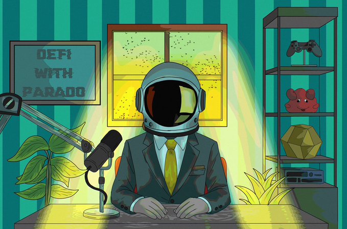 An astronaut in a suit sits at a desk with a microphone in front of a window, surrounded by a gaming setup with controllers, a piggy bank, and a geometric object, while a sign reads "DEFI WITH PARADO." The image ties into the post's promotion of the "DeFi with Parado" show, where the host in a space helmet embodies the "astronaut" persona of a trader venturing into new financial frontiers, with the episode highlighting how o2 Turbo can expand trading accounts.