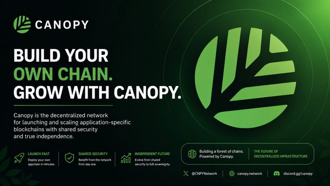 A promotional banner for 'CANOPY' with the tagline 'BUILD YOUR OWN CHAIN. GROW WITH CANOPY,' describing it as a decentralized network for application-specific blockchains.