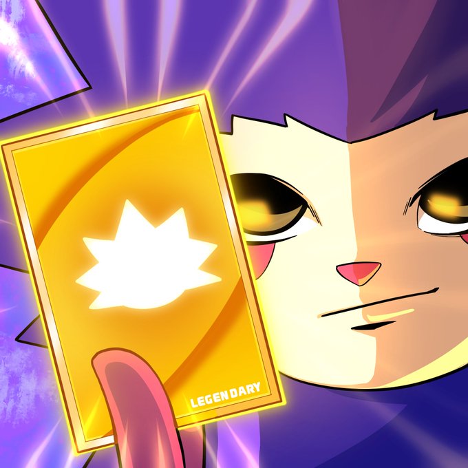 An animated cartoon cat character with a serious expression holding up a glowing golden legendary card with a star burst emblem against a purple background.