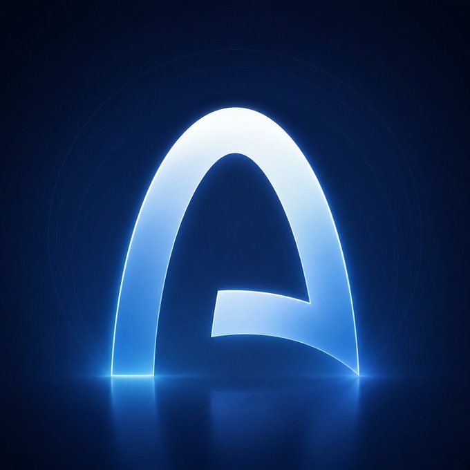 A glowing, stylized letter "A" is illuminated in blue and white against a dark background.