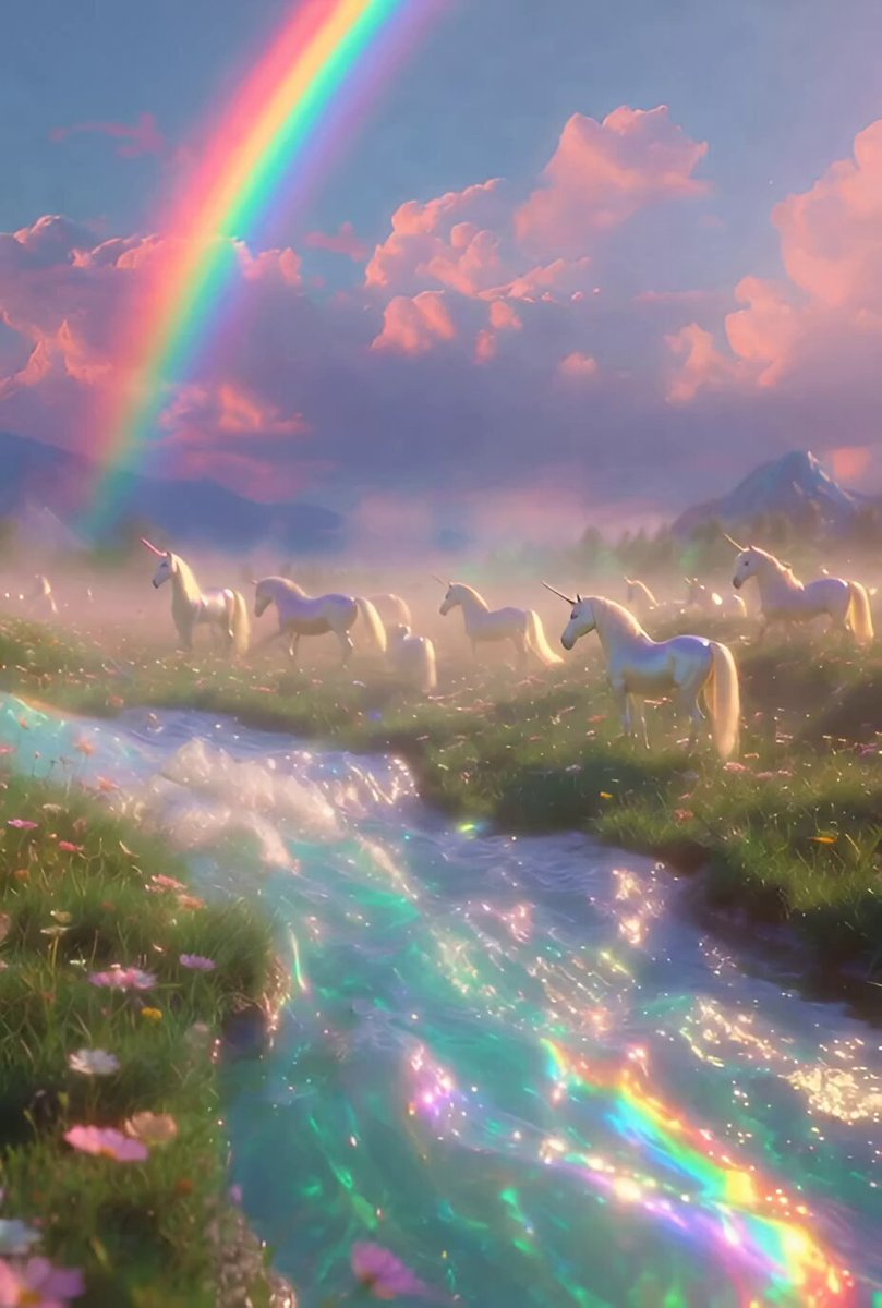 The image features a group of white horses grazing near a river, with a rainbow arching over them. There are also flowers visible in the scene. The photo has been edited to include a watermark that reads "@TheARCTERMINAL" along with some text about AI and cryptocurrency.