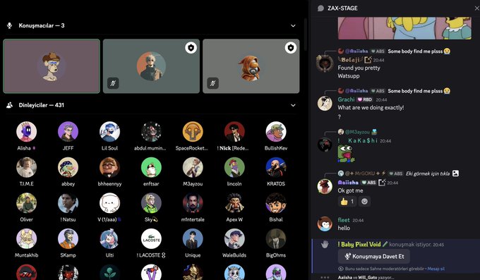 A Discord voice channel named "Konuşmacılar" with 3 active speakers alongside "Dinleyiciler" hosting 431 listeners in the "ZAX-STAGE" voice channel, reflecting the live AMA session announcement. Visible participants include Aisha, JEFF, Lil Soul, Ti.M.E, and MrGrOKU, with chat messages discussing general greetings and event participation.