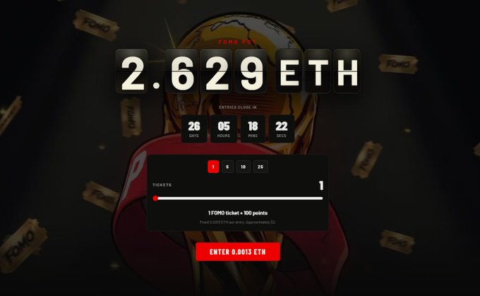 The image shows a promotional website featuring an advertisement related to the upcoming FIFA World Cup. The website displays a banner showcasing a gold trophy and text indicating that entering 2,629,ETH will give you a chance to win a ticket to watch the event. Additionally, there is another prize pool displayed on the screen for those who enter.