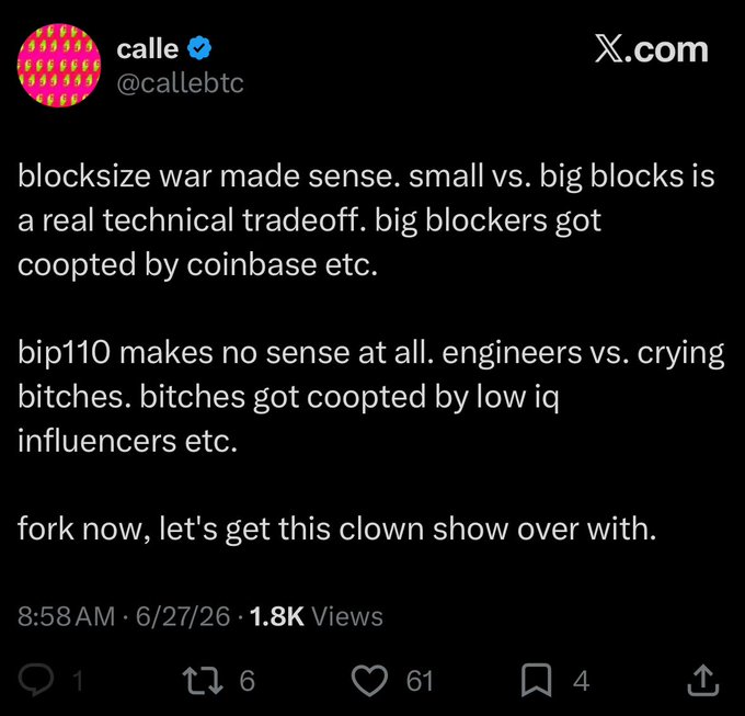 A tweet by @callebtc on X.com criticizes BIP110, comparing it unfavorably to the historical blocksize debate, with vulgar language calling supporters "crying bitches" coopted by "low iq influencers," and urges a fork to end what he calls a "clown show." The post has 1.8K views, 61 likes, 6 retweets, and 4 bookmarks.