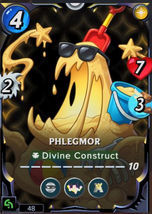 A digital collectible card featuring the character 'PHLEGMOR' labeled 'Divine Construct' with stats 4, 2, 7, and 3.