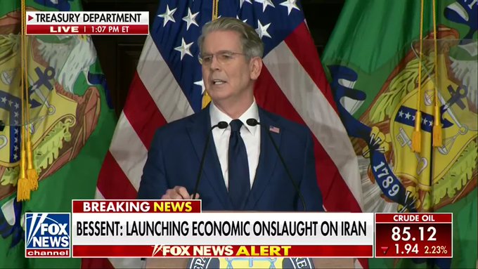 Treasury Secretary Scott Bessent delivers remarks at the Treasury Department, as shown in this Fox News live broadcast, announcing new sanctions aimed at cutting off Iran's financial networks in digital assets, technology, gold, aviation, and maritime sectors, while crude oil trades at $85.12, up 2.23%.