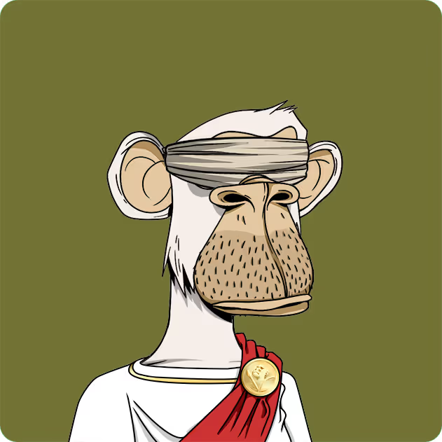 An illustrated Bored Ape Yacht Club-style monkey with a blindfold and red sash wears a shirt, set against an olive green background.