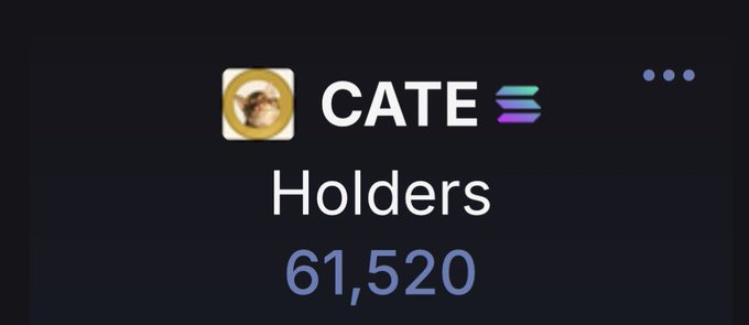 A dark digital display showing the CATE token logo with the text 'Holders' and the number '61,520'.