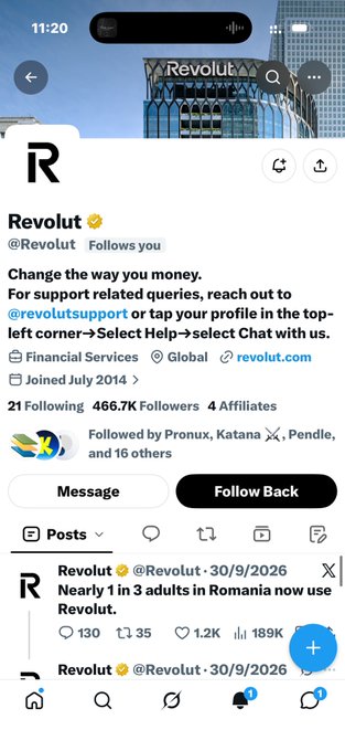 A mobile screenshot of the Revolut Twitter/X profile page showing their bio 'Change the way you feel about money,' 466.7K Followers, and their latest posts about Romania adoption.