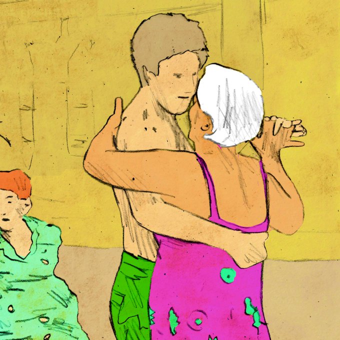 The image features a man wearing green shorts hugging an older woman, who has white hair. They are both dressed up for a dance event. In the background, there's another person sitting down with their back turned towards the main subjects of the image. The caption reads "GM #FineArtonXRPL fam #Masterpiece on XRPL ...The Dance".