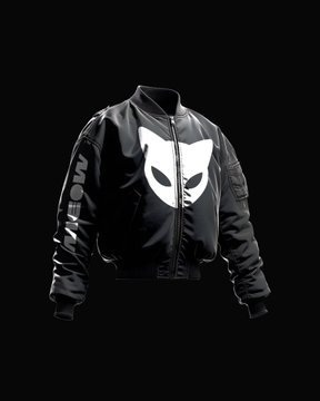 A black bomber jacket with a white alien face graphic on the chest and text down the sleeve is displayed against a black background.