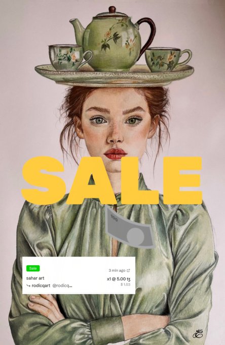 A surreal digital illustration of a red-haired woman in a green blouse balancing a green floral teapot and cups on her head, with large yellow 'SALE' text overlaid and a NFT listing for 'sahar art' at 5.00 by rodicoart.